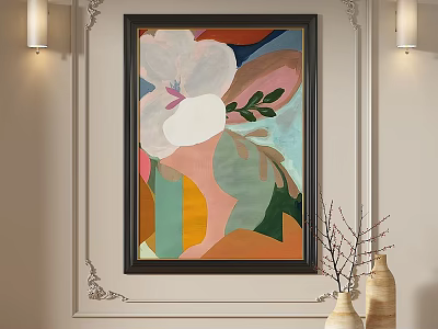Abstract Painting With Floral Elements Leaves Vibrant Colors And Geometric Shapes In Decorative Frame 3d model