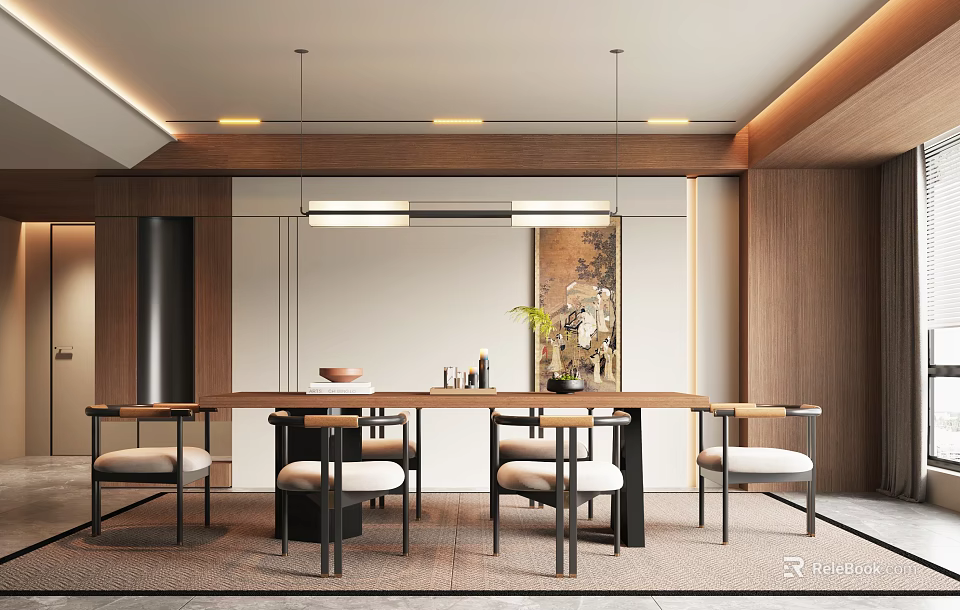 Modern Restaurant Interior Design With Long Wooden Dining Table Chairs Pendant Lights And Wall Artwork 3d model 