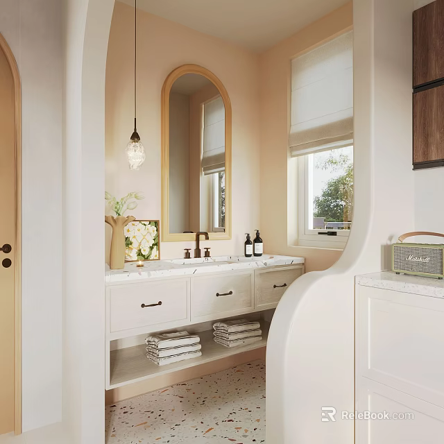 Bathroom Interior With Oval Mirror Pendant Light White Vanity Window And Folded Towels 3d model 