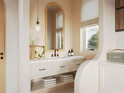 Bathroom Interior With Oval Mirror Pendant Light White Vanity Window And Folded Towels 3d model