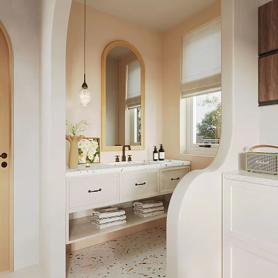Bathroom Interior With Oval Mirror Pendant Light White Vanity Window And Folded Towels 3d model