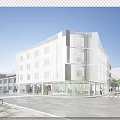 Modern Multi Storey Commercial Complex With Glass Facade Urban Street Evening Lighting And Wet Pavement
