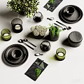 Minimalist Black Tableware Set With Green Plant Decor Glassware Napkins And Candles