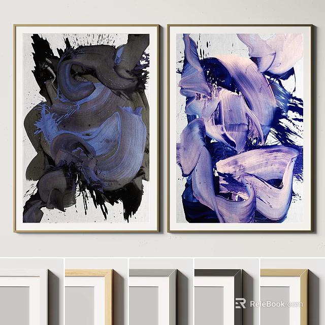 Modern Abstract Paintings With Bold Black Blue Purple Brushstrokes Wall Art 3d model 