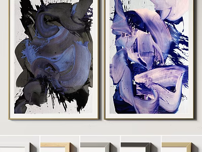 Modern Abstract Paintings With Bold Black Blue Purple Brushstrokes Wall Art 3d model