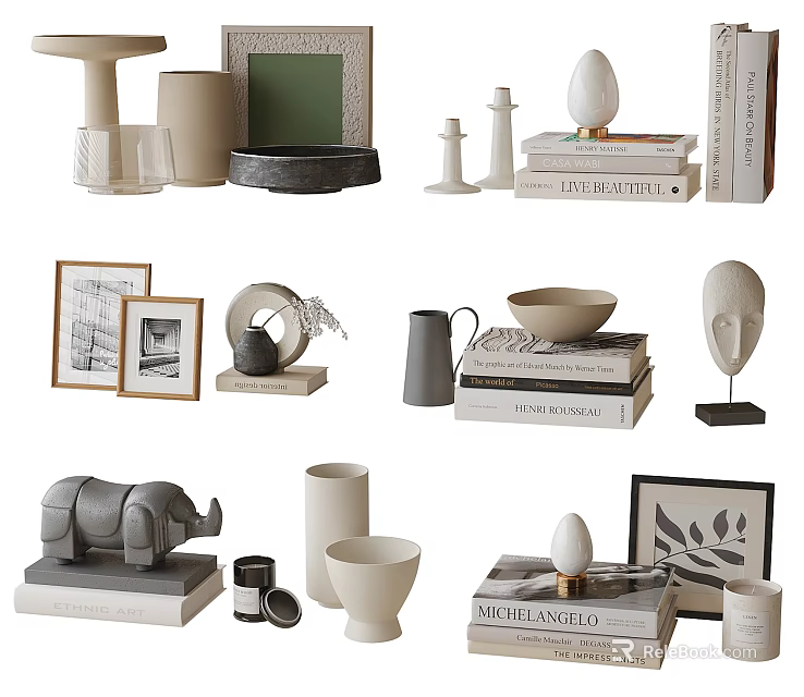 Decorative Ornament Combination With Framed Art Vases Sculptures Candle Holders And Stacked Books 3d model 