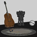 Wooden Guitar And Black Sculpture Art Supplies In Modern Interior With Marble Ball And Rug