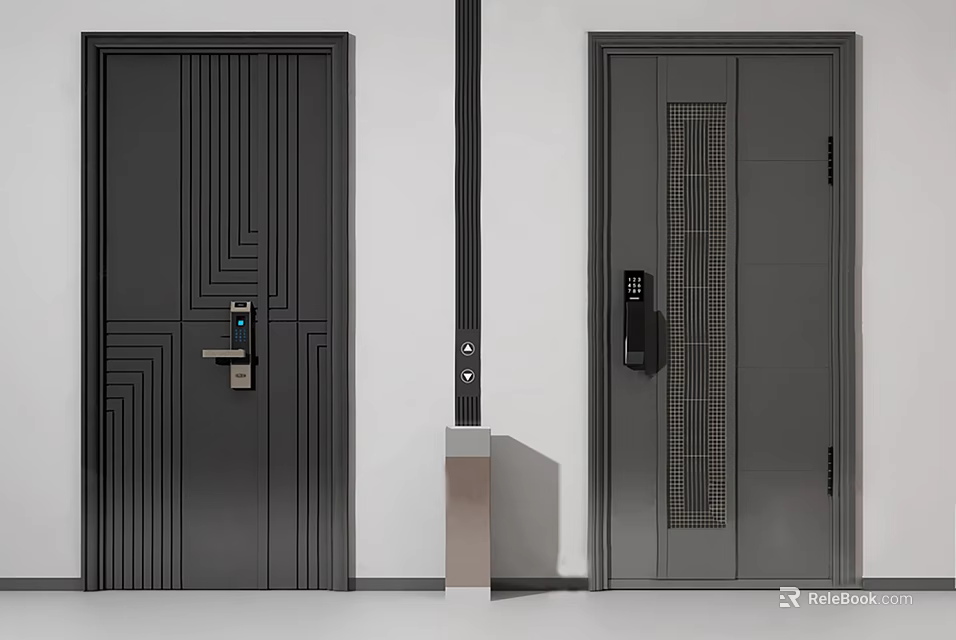 Modern Security Doors with Black Gray Colors Smart Lock and Stylish Line Design 3d model 