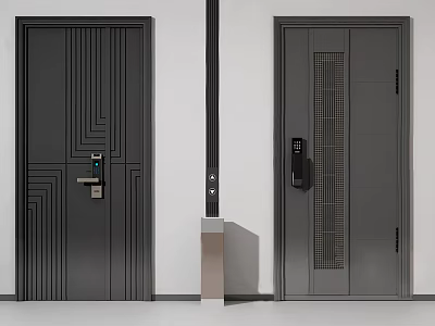 Modern Security Doors with Black Gray Colors Smart Lock and Stylish Line Design 3d model