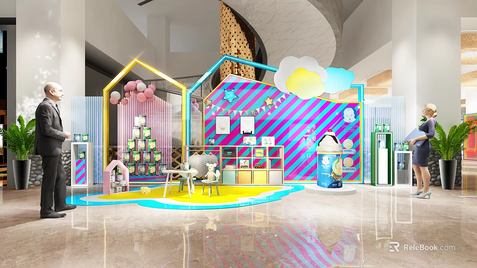 Vibrant Retail Window Display Decoration With Striped Backdrop Balloons Star Decor And Product Shelves 3d model 