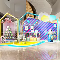 Vibrant Retail Window Display Decoration With Striped Backdrop Balloons Star Decor And Product Shelves