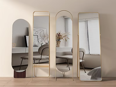 Stylish Golden Frame Mirrors Arched Rectangular In Modern Interior With Chair Table Vase Window Blinds 3d model