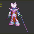 Detailed Silver Robot Figure With Red Cape And Blue And Red Weapons