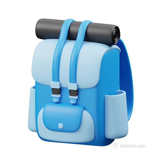 Blue And Light Blue Backpack With Double Straps Rolled Black Top And Front Pocket 3d model 