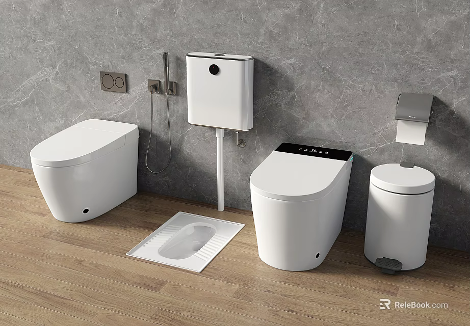 Modern Wall Mounted Smart Toilet Bathroom with Toilet Paper Holder Trash Can Floor Drain 3d model 