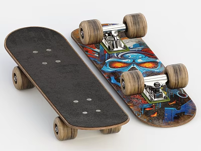 Two Skateboards Featuring Black Deck Colorful Graphic Design Wooden Wheels And Metal Trucks 3d model