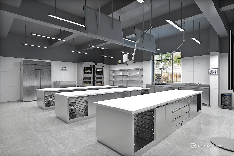 Spacious Commercial Kitchen Interior With Stainless Steel Worktables Storage Cabinets And Large Hanging Lights 3d model 