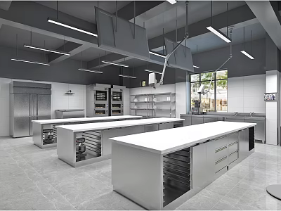 Spacious Commercial Kitchen Interior With Stainless Steel Worktables Storage Cabinets And Large Hanging Lights 3d model