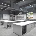 Spacious Commercial Kitchen Interior With Stainless Steel Worktables Storage Cabinets And Large Hanging Lights