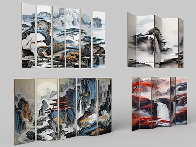 Traditional Chinese Screens With Landscape Art Designs 3d model