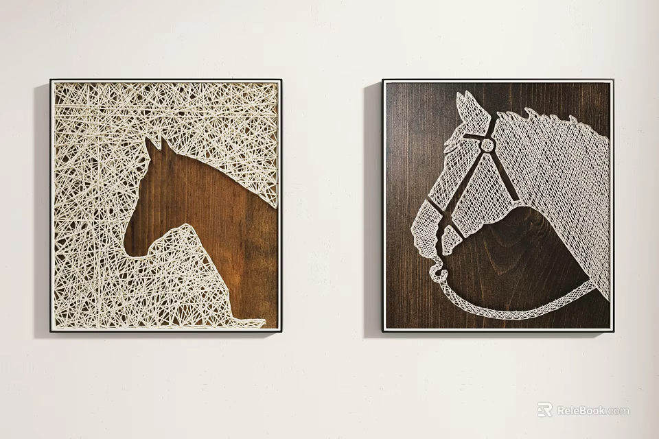 Decorative Horse Thread Animal Paintings With Wooden Background And Black Frames 3d model 