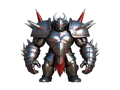 Game Film Fantasy Warrior In Silver Spiked Armor With Horned Helmet And Red Accents 3d model