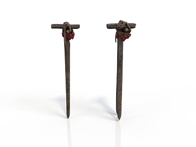 Two Ancient Weapons Made Of Rusted Iron Nails With Red Decorations On Top 3d model