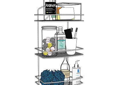 Multi Tiered Bathroom Accessories Storage Shelf With Toiletries Bottles And Towels 3d model