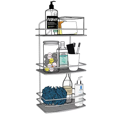 Multi Tiered Bathroom Accessories Storage Shelf With Toiletries Bottles And Towels 3d model