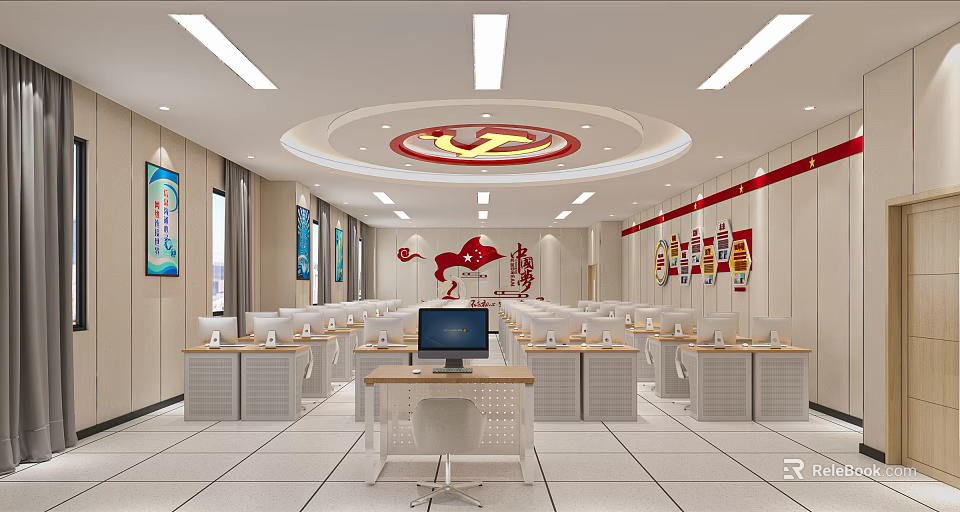 School Computer Classroom With Desks Computers Red Wall Posters And Circular Ceiling Lights 3d model