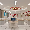 School Computer Classroom With Desks Computers Red Wall Posters And Circular Ceiling Lights 3d model