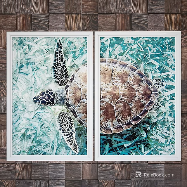 Double Photo Frame Showcasing Turtle Artwork With Turquoise Textured Background Design 3d model