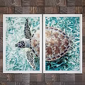 Double Photo Frame Showcasing Turtle Artwork With Turquoise Textured Background Design 3d model