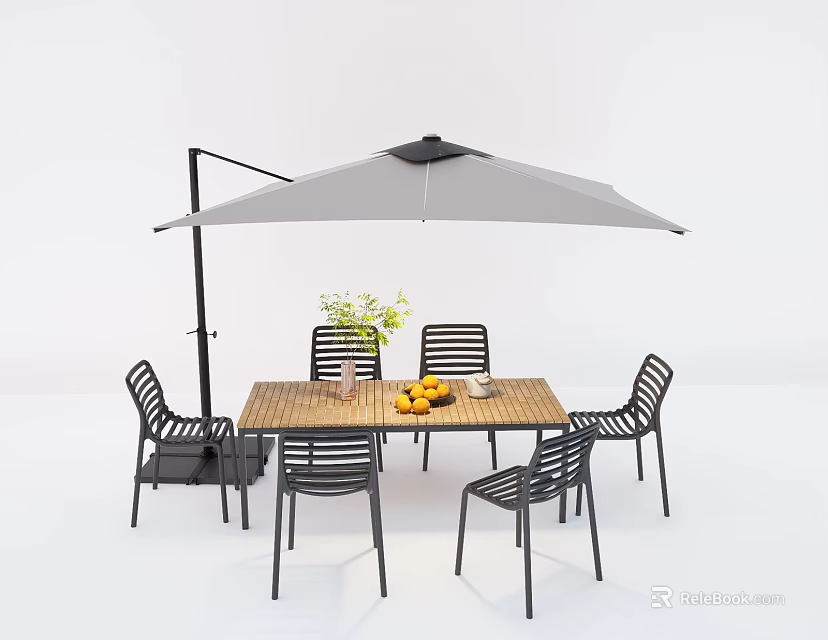 Outdoor Table And Chair Set With Patio Umbrella Wooden Tabletop Six Chairs And Potted Plant 3d model 