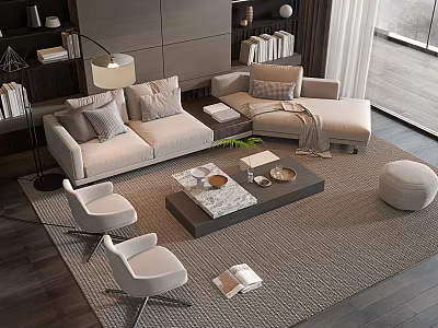 Modern Beige L Shaped Sofa And Coffee Table Set With Marble Top And Armchairs 3d model