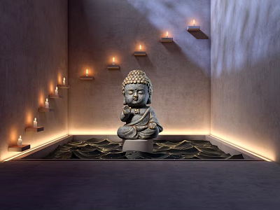 Exquisite Buddha Sculpture in Serene Indoor Setting With Lit Candles and Soft Lighting 3d model
