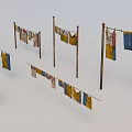 Clotheslines With Hanging Various Colored Clothes In Outdoor Setting