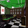 KTV Room Interior With Green Walls Purple Sofas Mahjong Decor Black White Checkered Floor