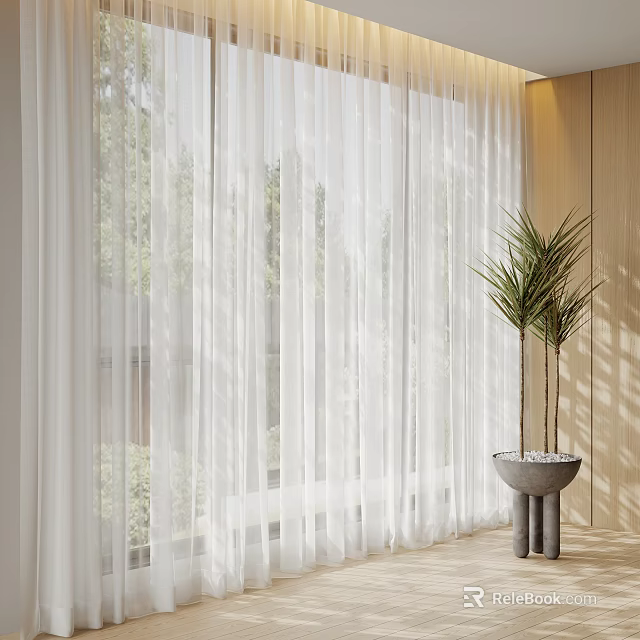 White Sheer Curtains For Modern Interior With Natural Light And Palm Plant 3d model 