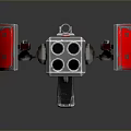 Futuristic Silver And Red Weapon With Multiple Barrels And Yellow Accents