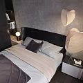 Modern Bedroom Interior With Dark Headboard Bed Built in Wardrobe And Accent Chair