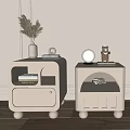 Modern Minimalist Bedside Tables Featuring Round Legs Storage Dried Flowers Globe Lamp And Decorative Figurine
