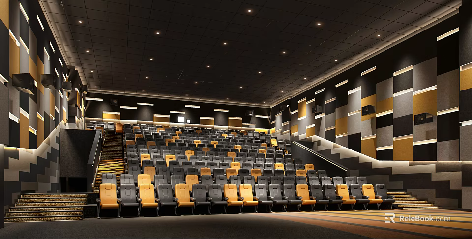Contemporary Cinema Interior Design With Tiered Black And Yellow Seats And Geometric Wall Decor 3d model 