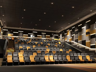 Contemporary Cinema Interior Design With Tiered Black And Yellow Seats And Geometric Wall Decor 3d model