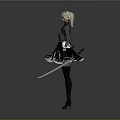 White Short Haired Woman In Black Dress And Gloves Holding Long Sword Against Gray Background