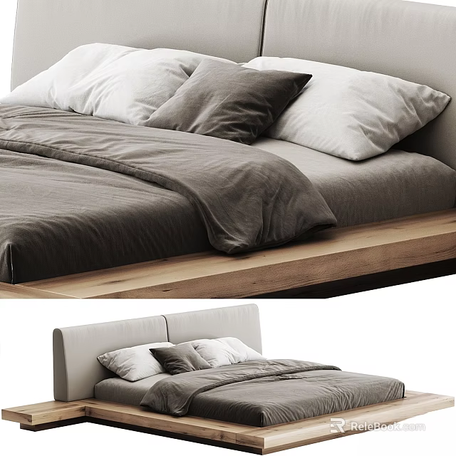 Minimalist Double Bed With Wooden Frame Gray And White Bedding And Pillows 3d model 