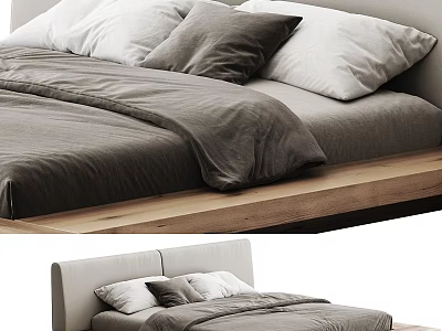 Minimalist Double Bed With Wooden Frame Gray And White Bedding And Pillows 3d model