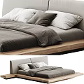 Minimalist Double Bed With Wooden Frame Gray And White Bedding And Pillows