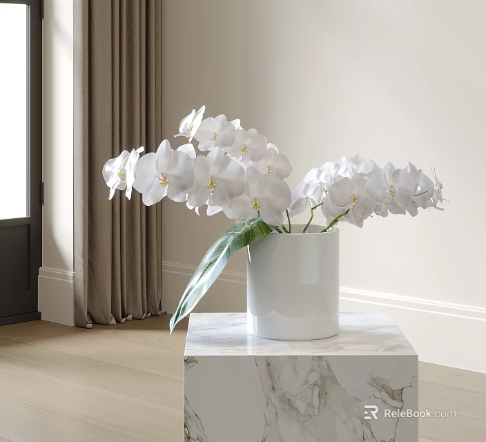 White Orchids In White Vase On Marble Tabletop Indoor Home Decor 3d model 