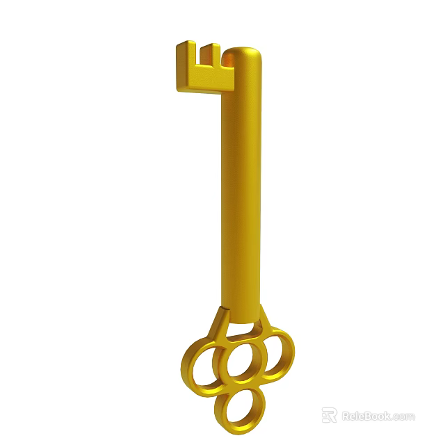 Yellow Key With Three Ring Handle And Unique Decorative Design 3d model 